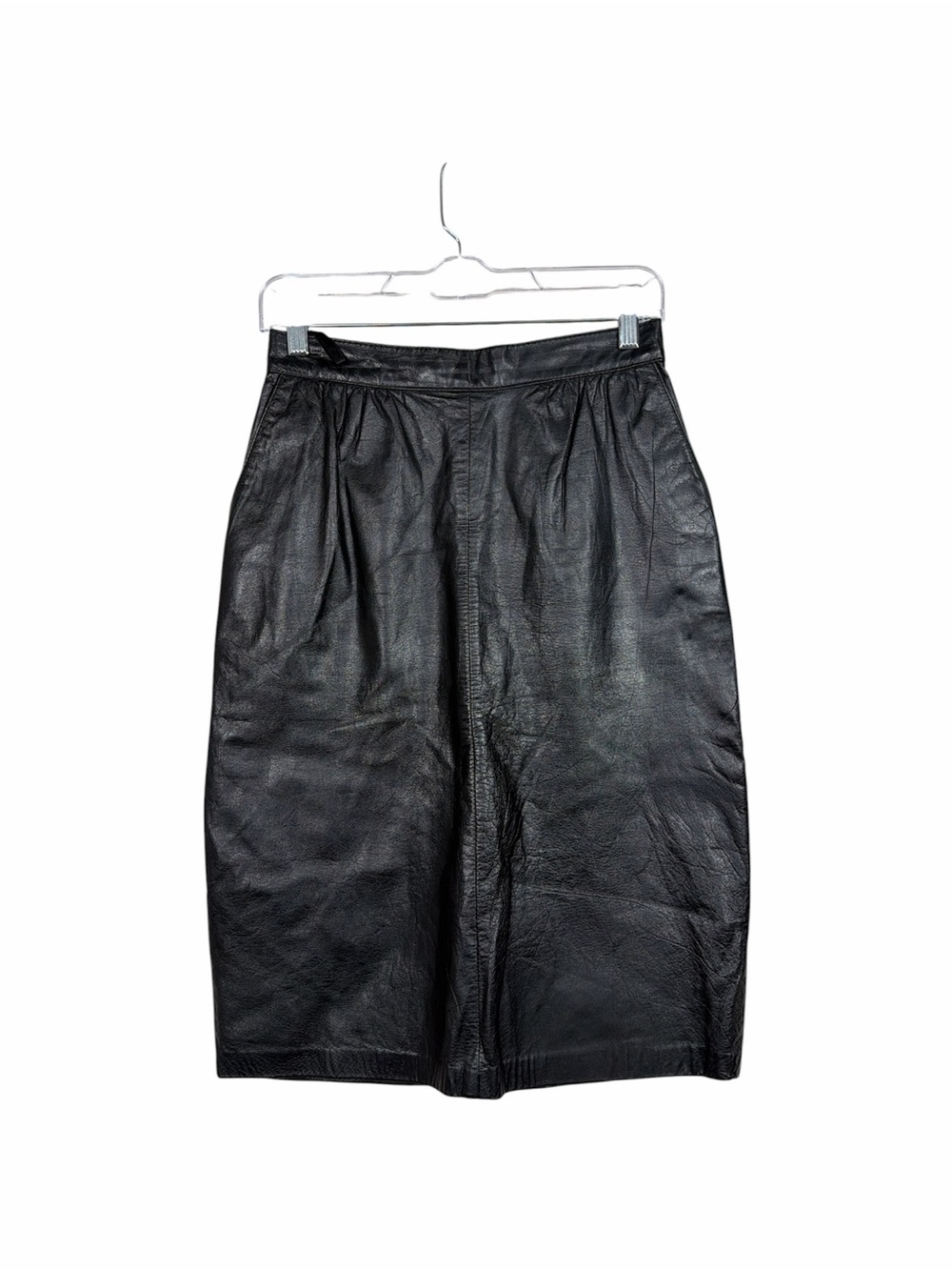 Vintage Avanti Black Genuine Leather Midi Skirt Size 10 Korea Side Pockets Back